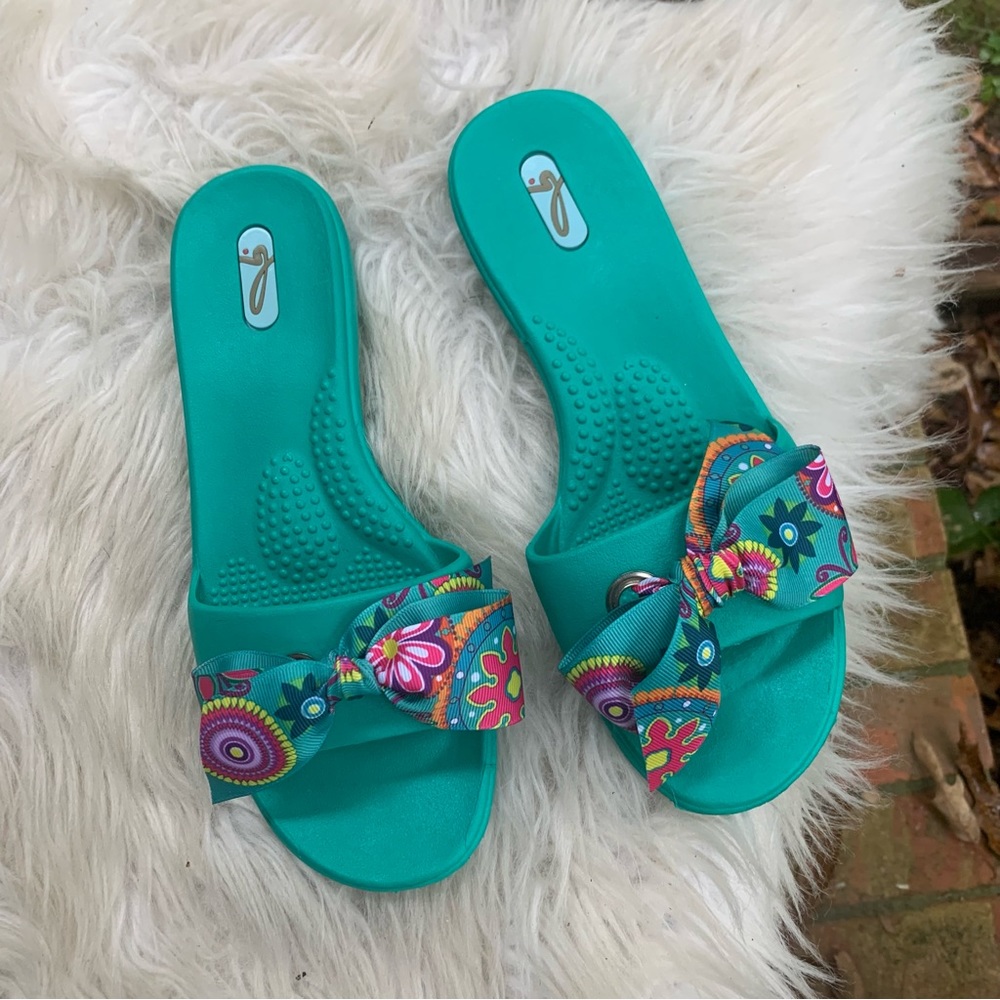 OKA b. OKA B Teal Floral Print Ribbon Madison Slide Sandals